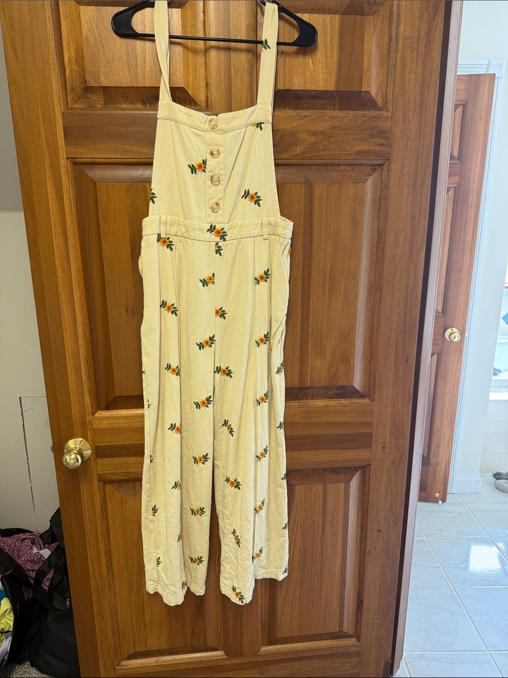 Cream Floral Embroidered Button-Front Overalls